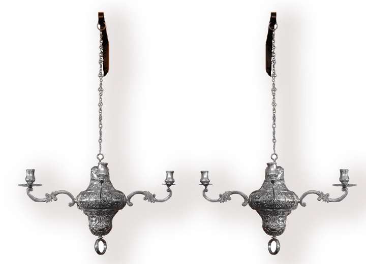 Pair of 18th century Spanish silver four light chandeliers